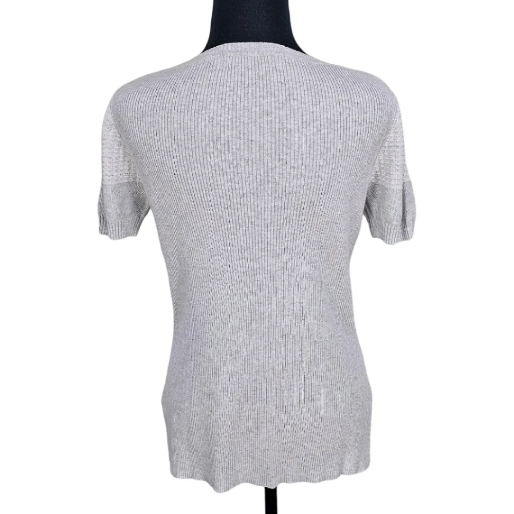 OST Cotton Pointelle Knit Gray White Short Sleeve Split Hem Light Boho Sweater